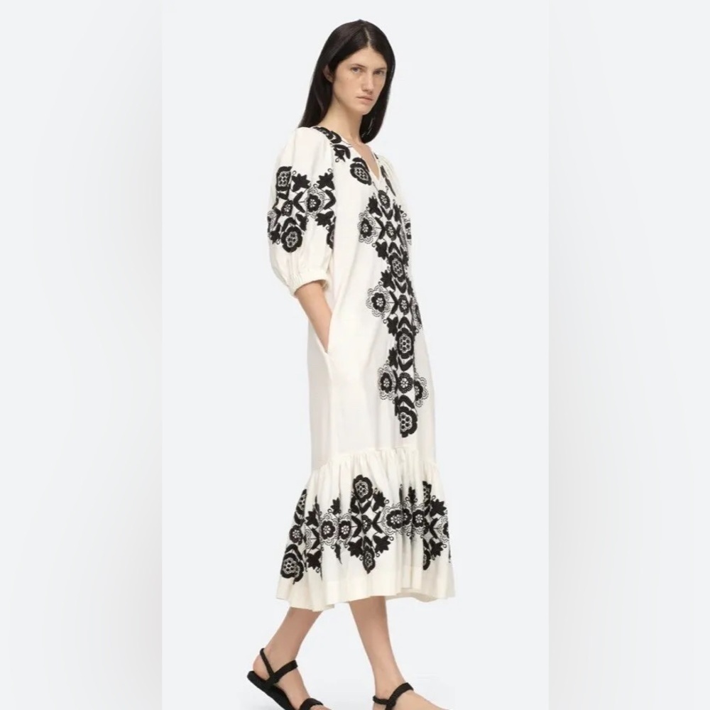 SEA New York Manuela Embroidered Puff Sleeve V-Neck Dress in Cream Size XXS